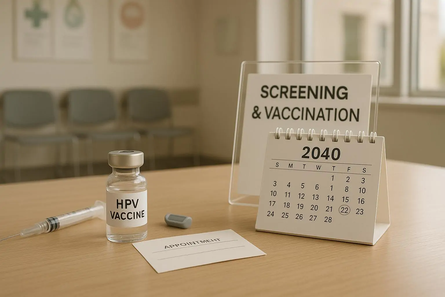Стол в светлой канадской клинике: флакон вакцины HPV и календарь с отмеченным 2040 годом