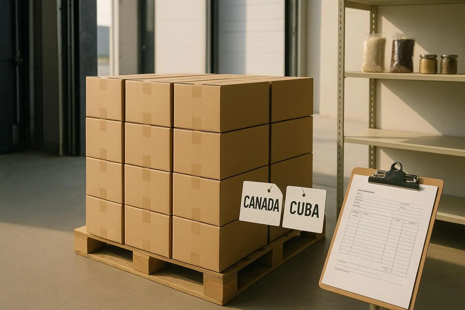 Светлый склад: паллета с коробками продпомощи и нейтральные бирки «Canada» и «Cuba», без людей