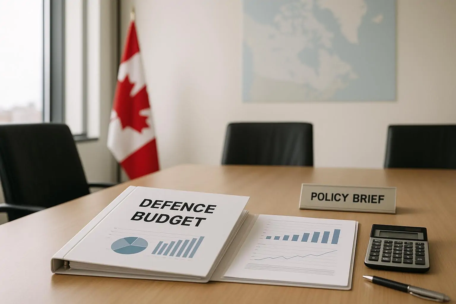Папка «Defence Budget» с графиками на столе в офисе, на фоне размыты флаг Канады и карта Арктики