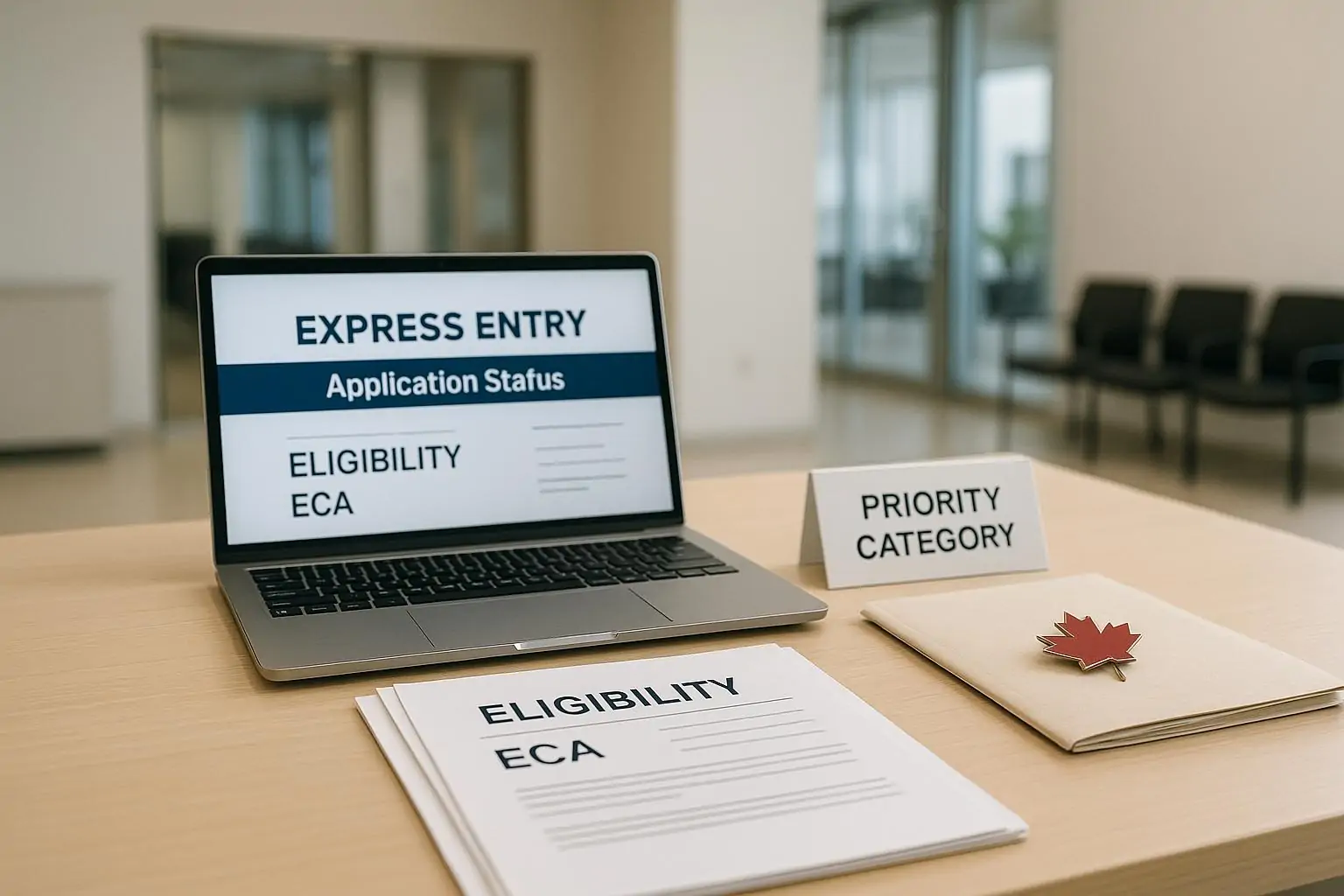 Документы Express Entry и ноутбук на столе в современном офисе, символизирующие приоритет для военных
