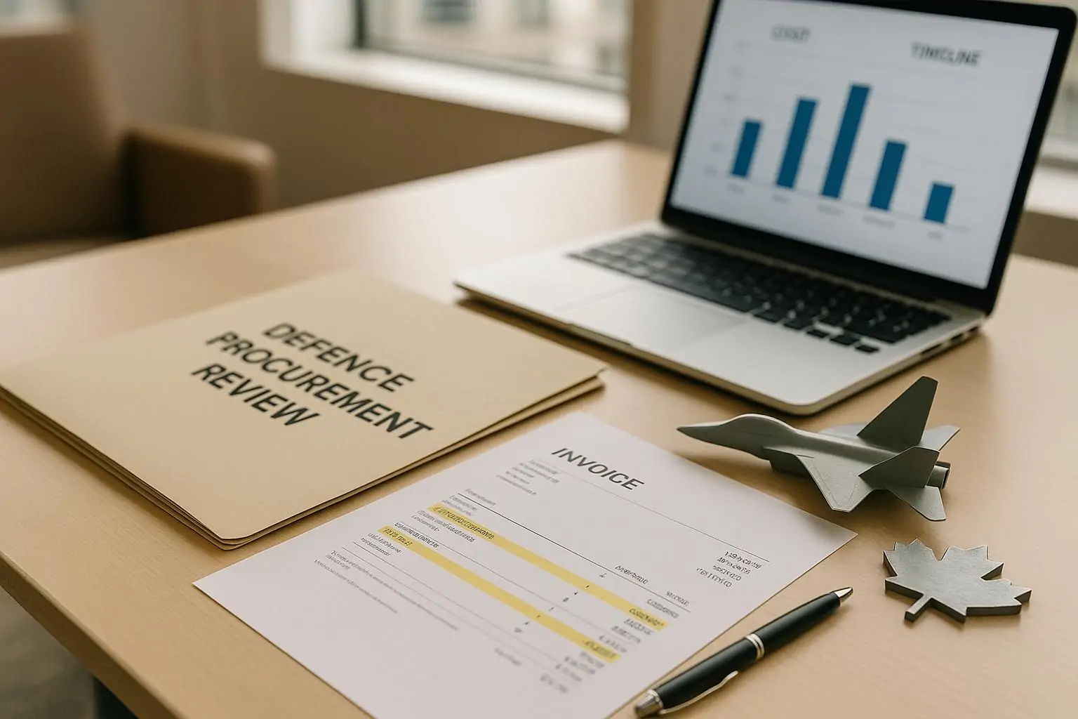 Офисный стол с документами о оборонных закупках Канады, графиком затрат и нейтральной моделью самолёта
