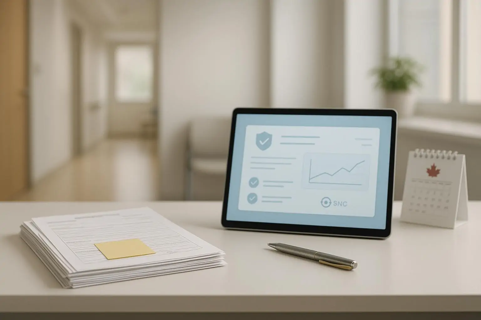 Стол в кабинете семейного врача: стопка бумажных форм и планшет с цифровой картой, мягкий дневной свет