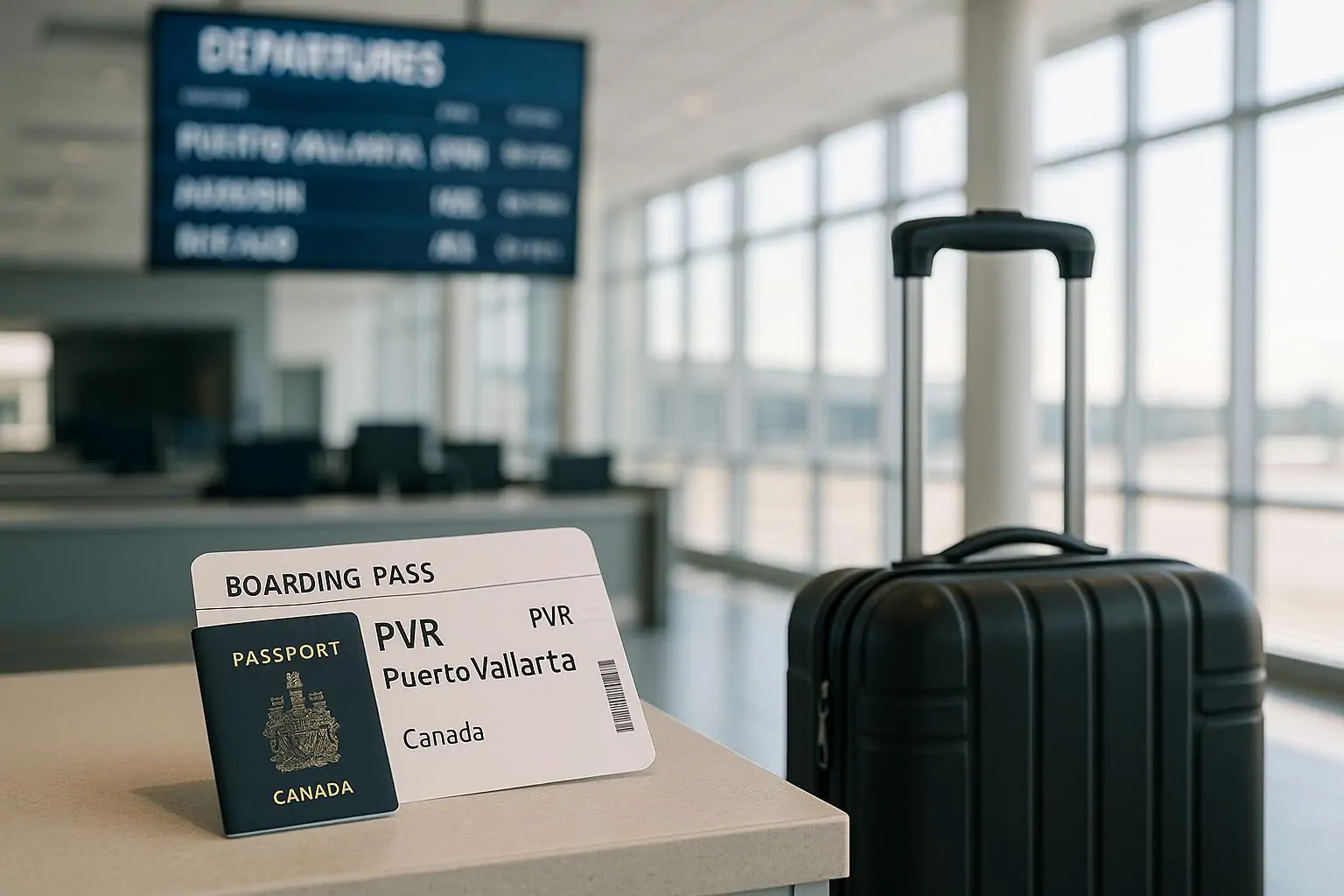 Спокойная зона регистрации в аэропорту: чемодан и посадочный талон на Пунта-Вальярту, табло «On time».