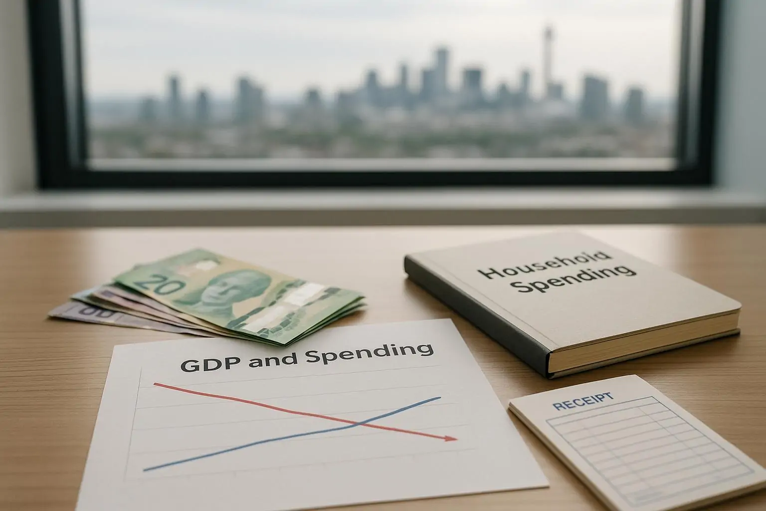 Стол у окна с канадскими долларами и нейтральным графиком: ВВП вниз, расходы домохозяйств растут