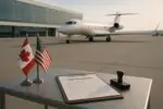 Бизнес-джет на перроне и папка с документами сертификации рядом с небольшими флажками Канады и США