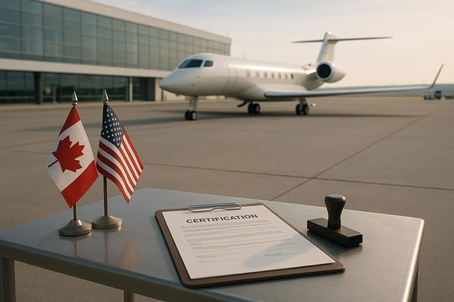 Бизнес-джет на перроне и папка с документами сертификации рядом с небольшими флажками Канады и США