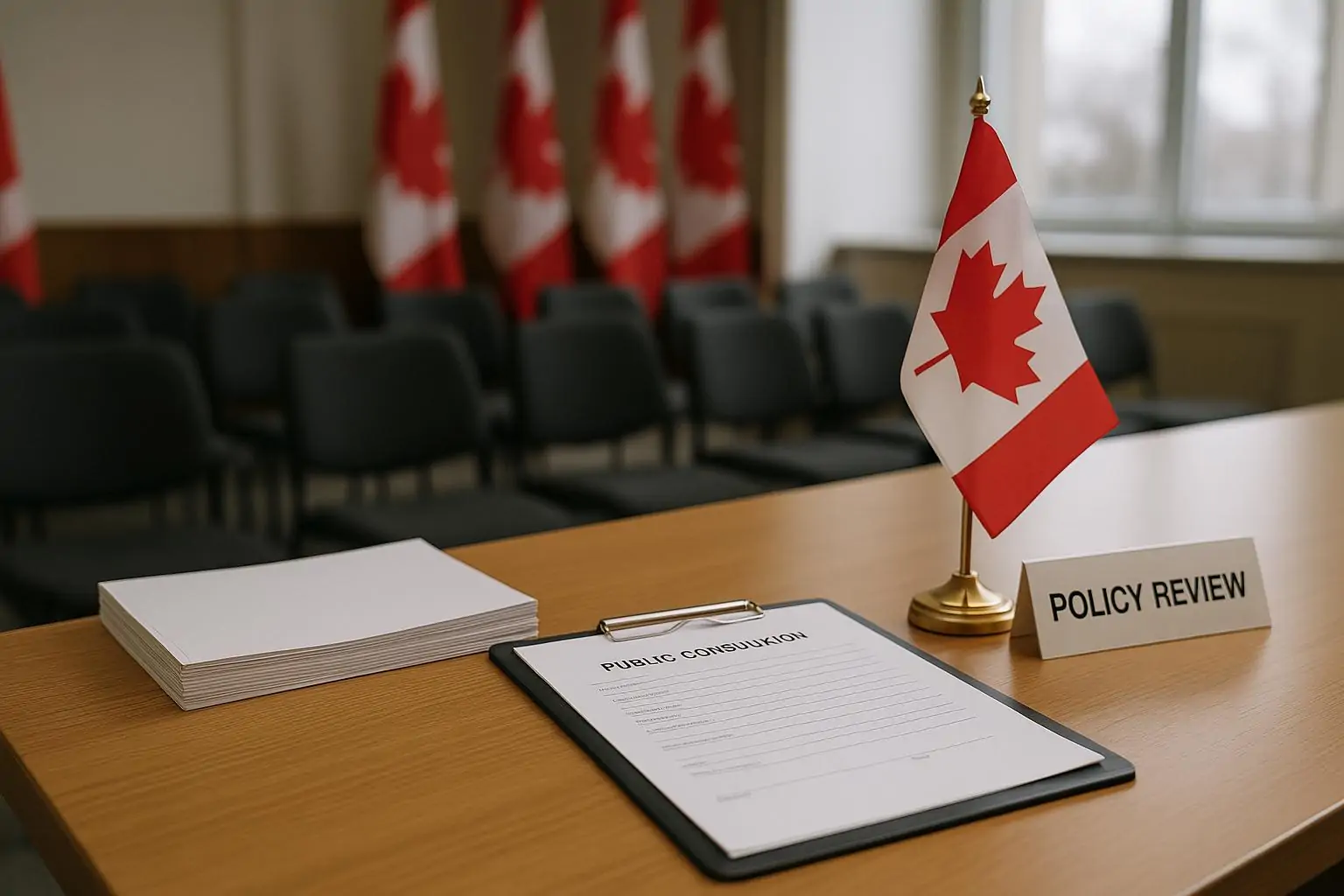 Документы общественных консультаций на столе рядом с маленьким флагом Канады в светлом зале