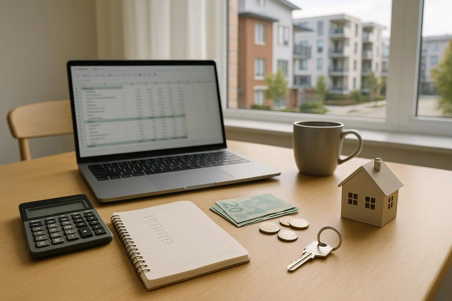 Стол у окна с калькулятором, ноутбуком и ключом рядом с макетом дома как символ доступности жилья в Канаде