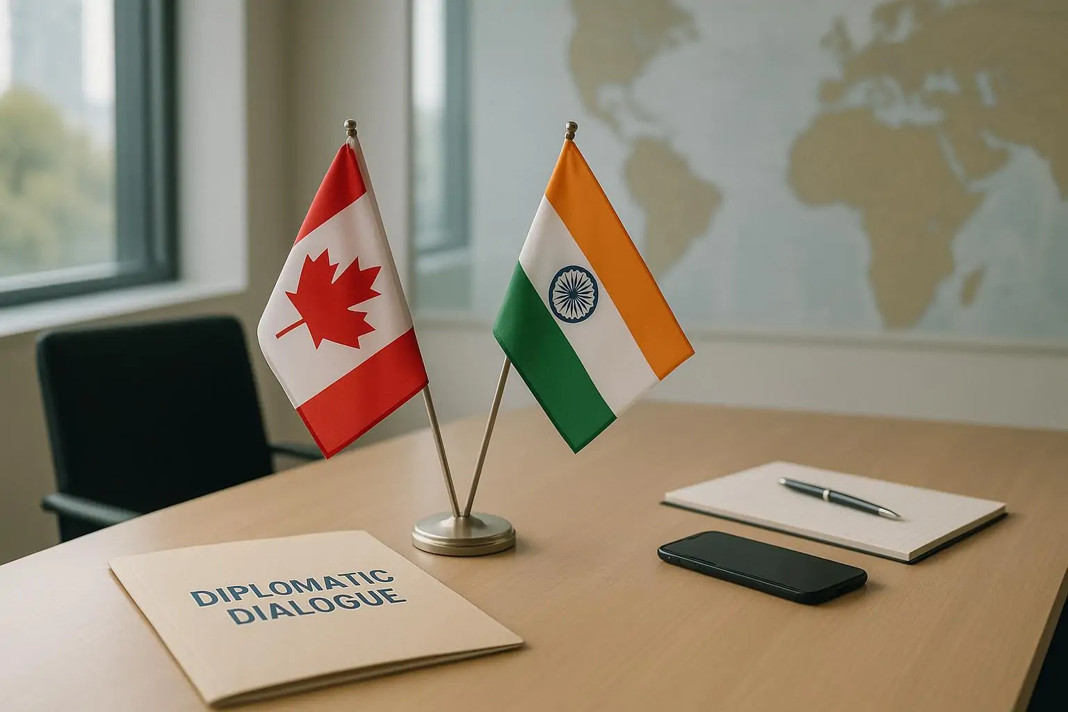 Флаги Канады и Индии на столе переговоров рядом с папкой и блокнотом в светлом зале, символ диалога