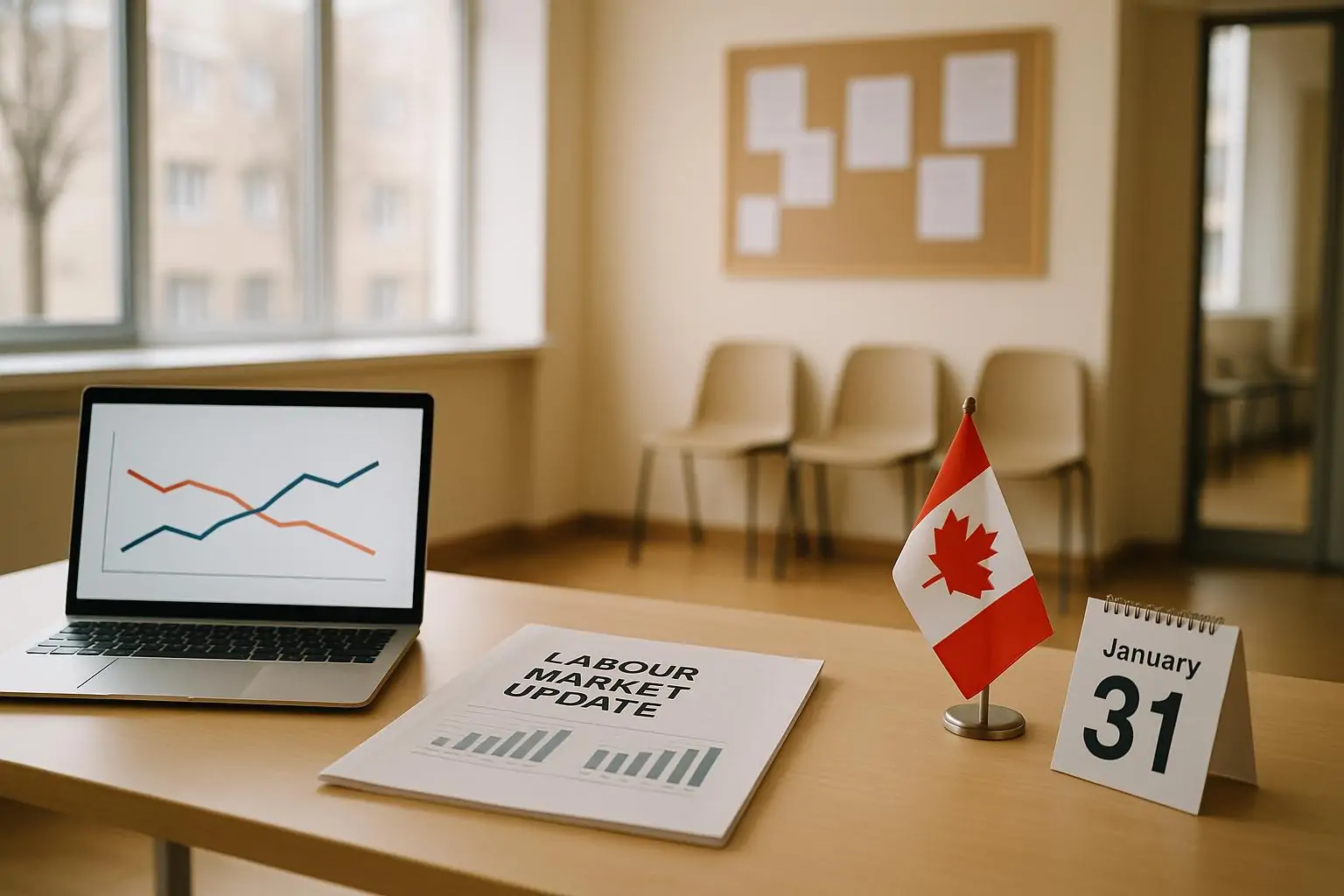 Спокойный офис с отчётом о рынке труда Канады: графики на ноутбуке, календарь «январь» и пустые кресла