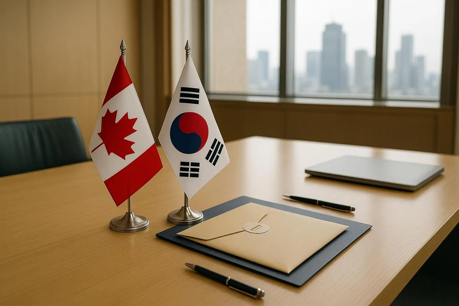 Флаги Канады и Южной Кореи рядом с папкой соглашения на столе в светлой переговорной при дневном свете