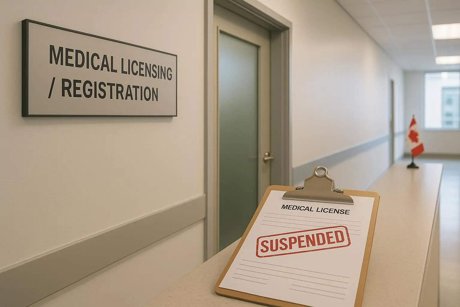 Пустой коридор клиники в Канаде и документ со штампом «приостановлено», символизирующий лишение лицензии