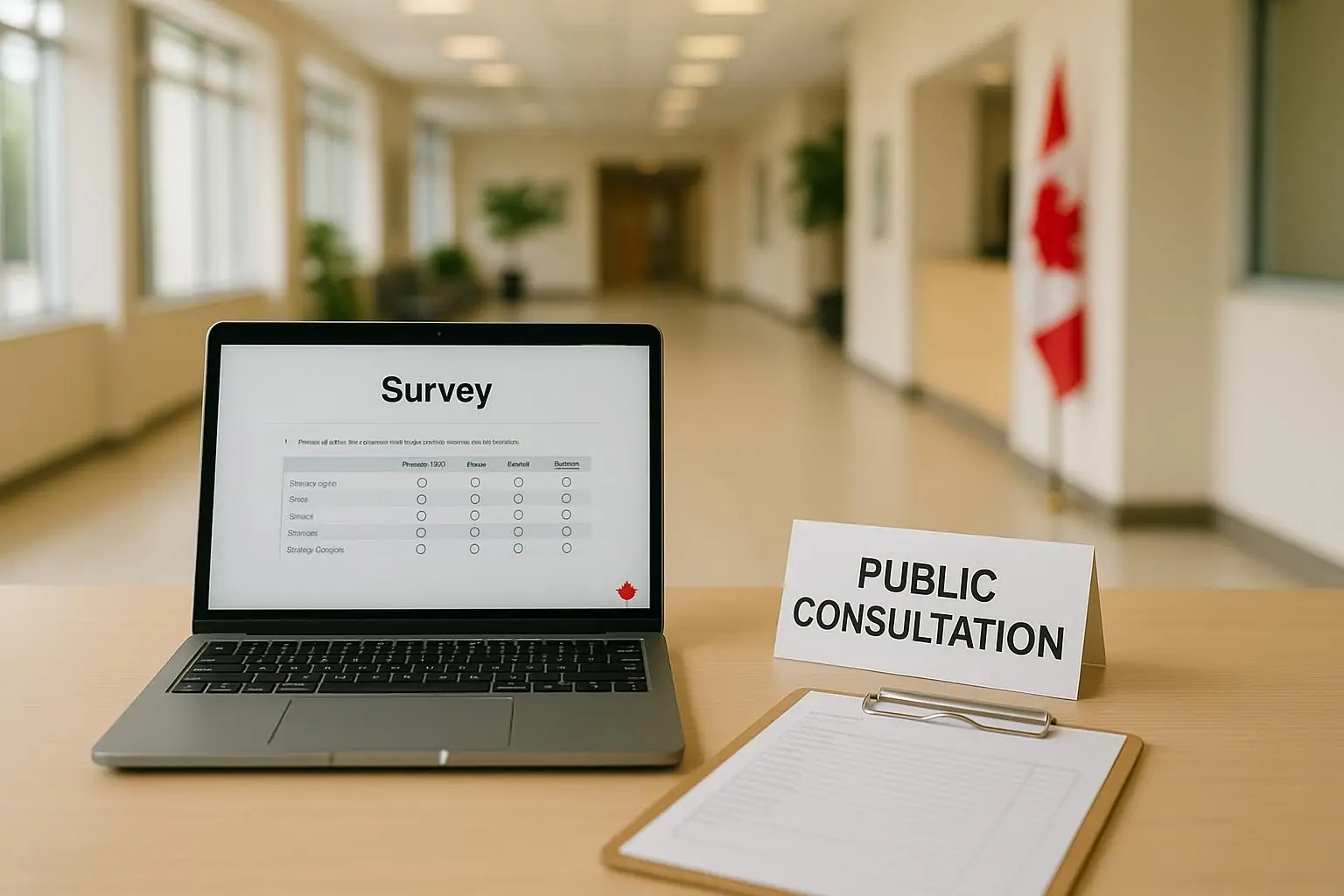 Ноутбук с открытым онлайн-опросом и нейтральные бланки на столе в светлом гософисе Канады