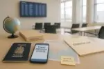 Паспорт Канады и телефон с обновлением туристического предупреждения на фоне спокойного аэропорта
