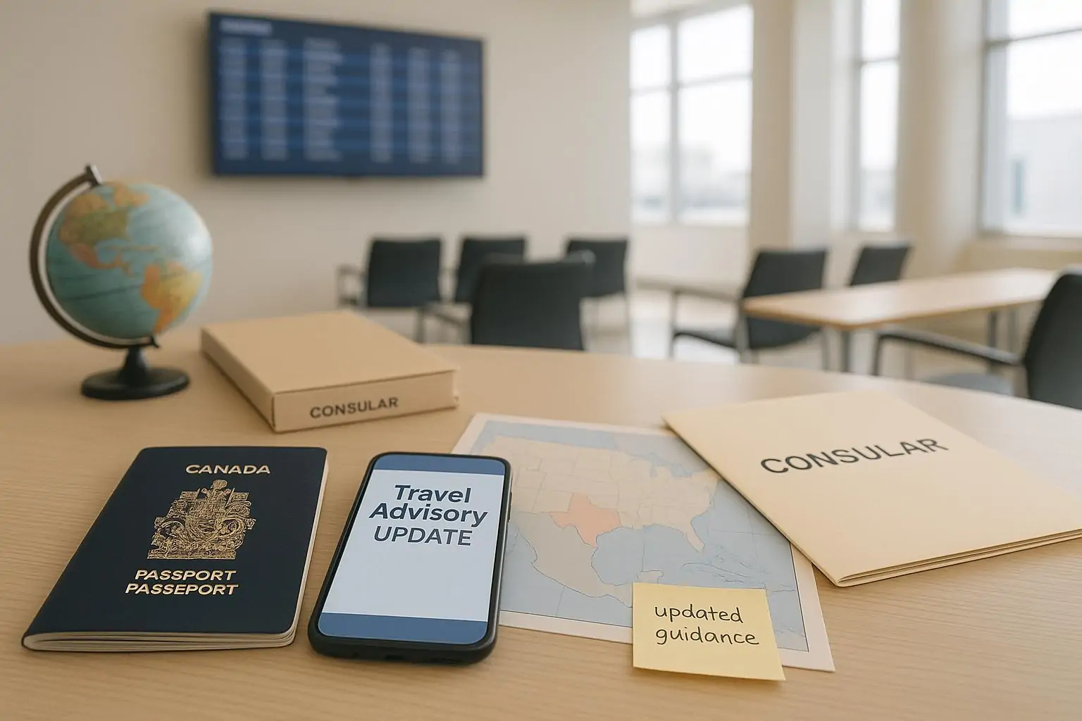 Паспорт Канады и телефон с обновлением туристического предупреждения на фоне спокойного аэропорта