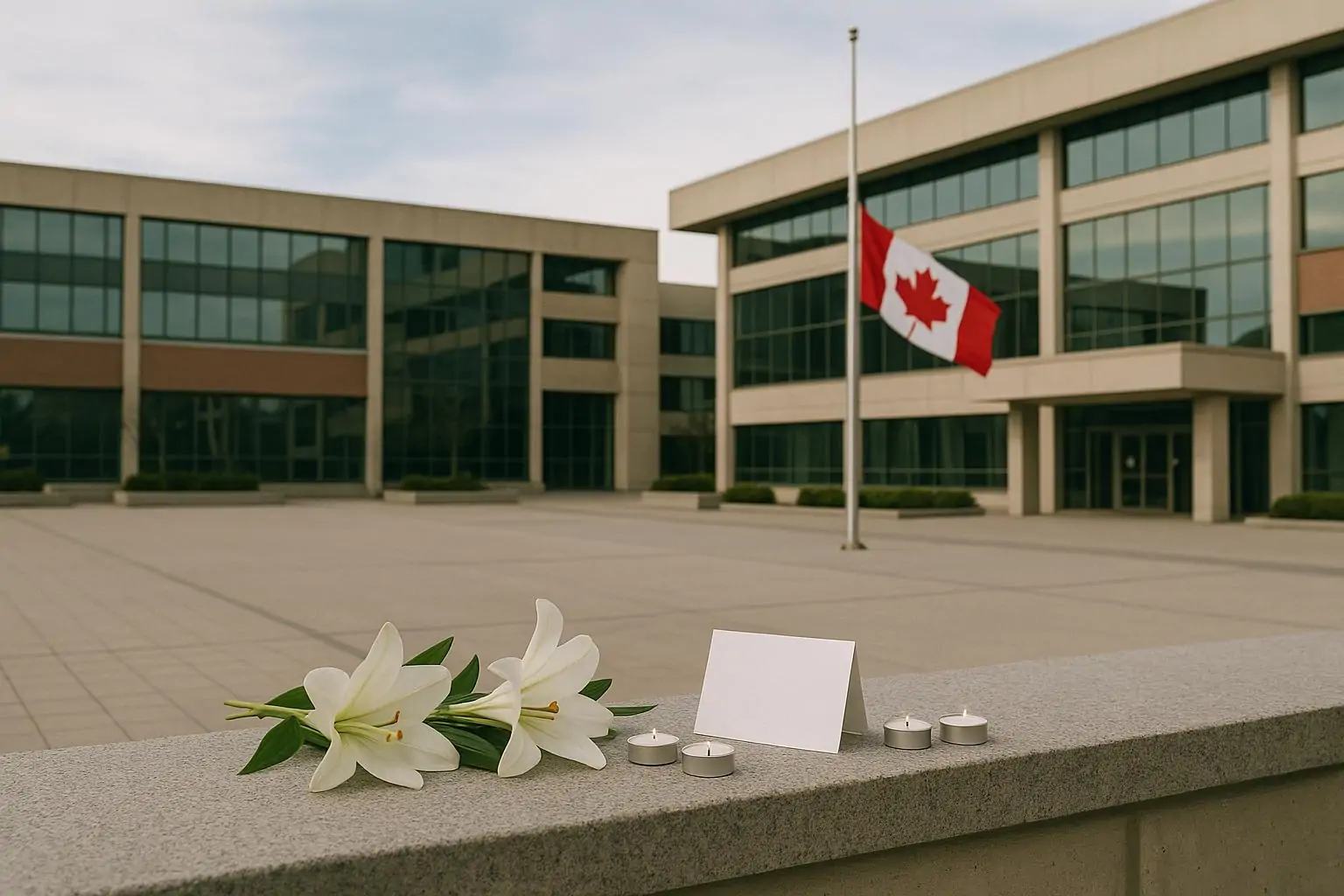 Канадский флаг приспущен у современного здания, рядом лежат белые цветы и свечи в знак траура