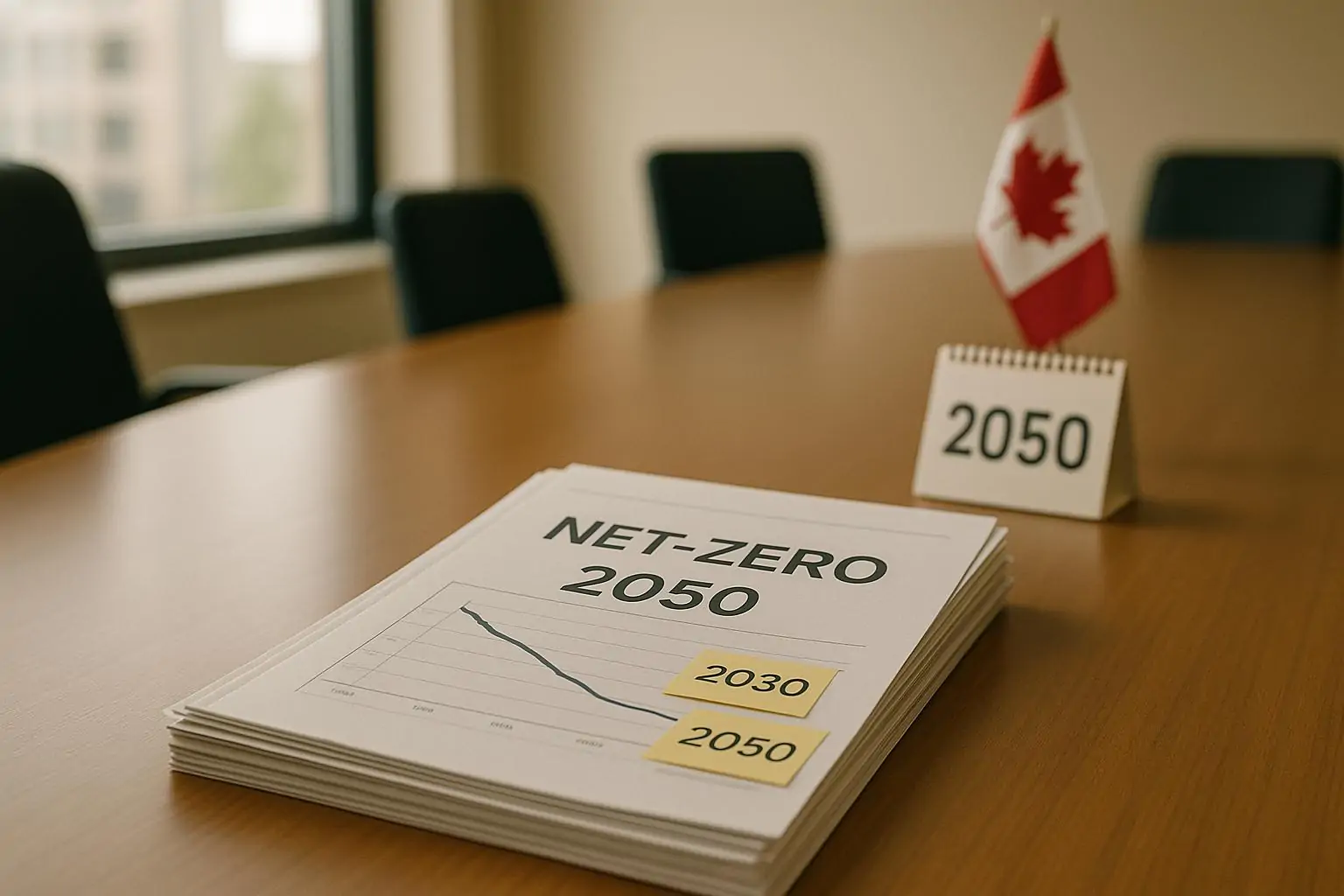 Папки с климатической политикой Канады и график выбросов на столе, цель net-zero 2050 размыта на фоне