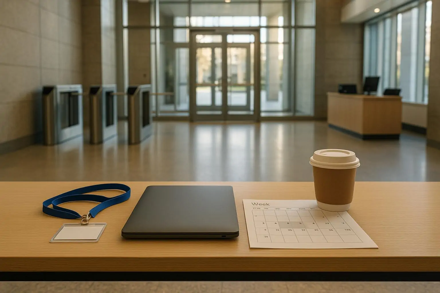 Светлый вестибюль современного офиса и рабочие атрибуты у входа, символ возвращения в офис.