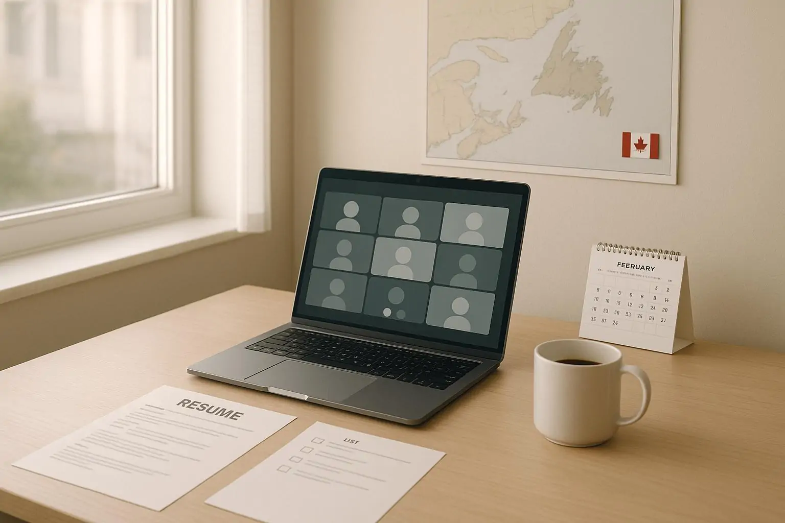 Светлый домашний офис: ноутбук с нейтральной видеовстречей и резюме на столе, намёк на Канаду.