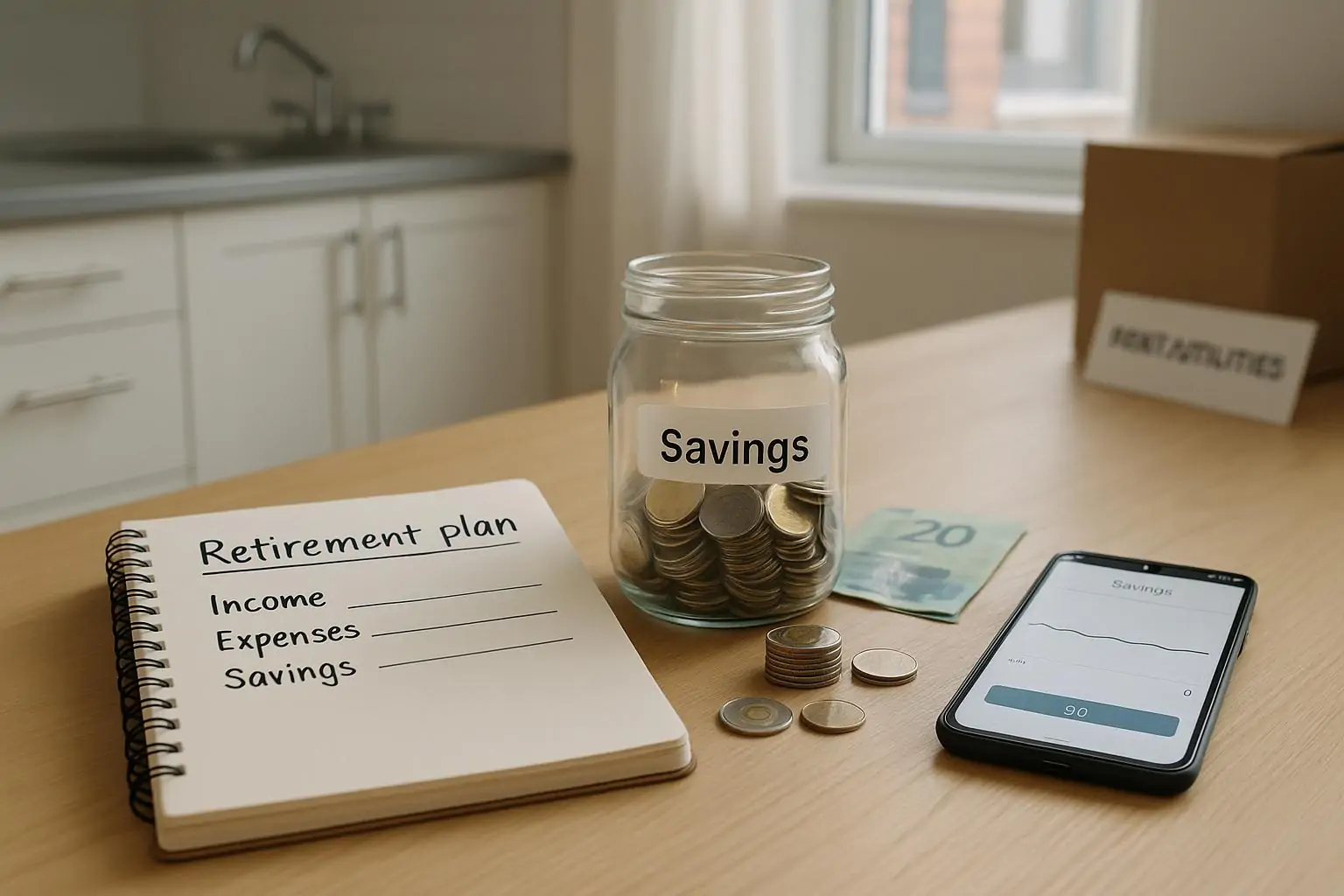 На кухонном столе блокнот «пенсия», банка для сбережений, монеты и телефон, мягкий дневной свет.
