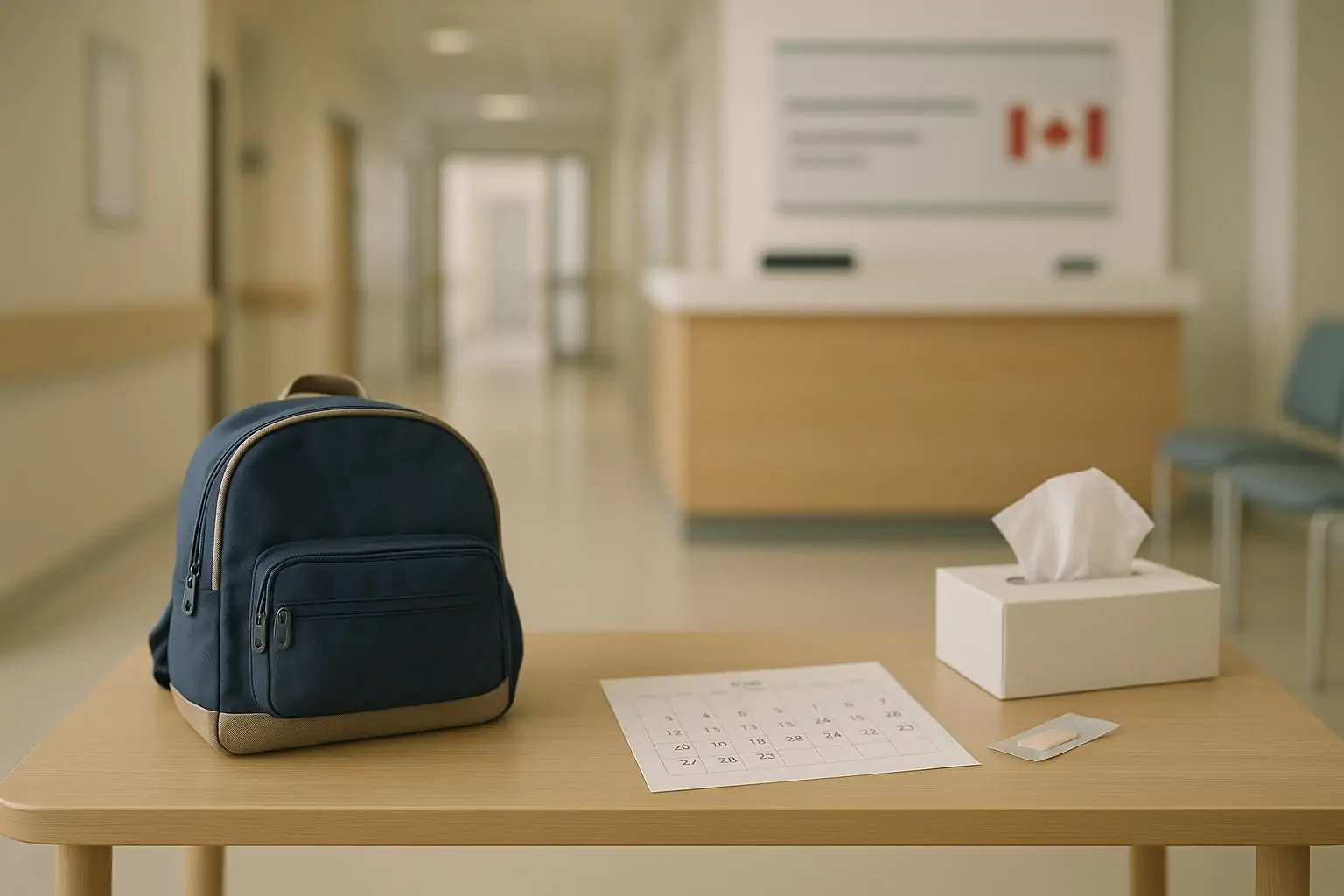 Тихий коридор клиники в Канаде: детский рюкзак и календарь на столе как символ роста пневмоний