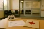 Офисная стойка с календарём «2026» и графиком роста у нуля на фоне светлого канадского учреждения