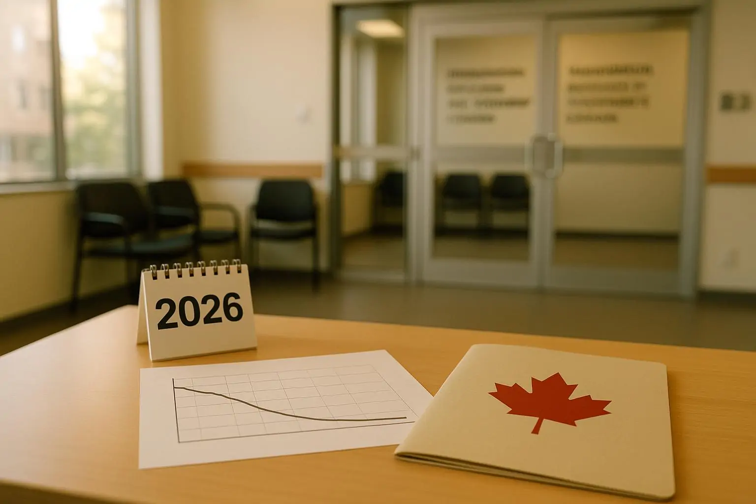 Офисная стойка с календарём «2026» и графиком роста у нуля на фоне светлого канадского учреждения