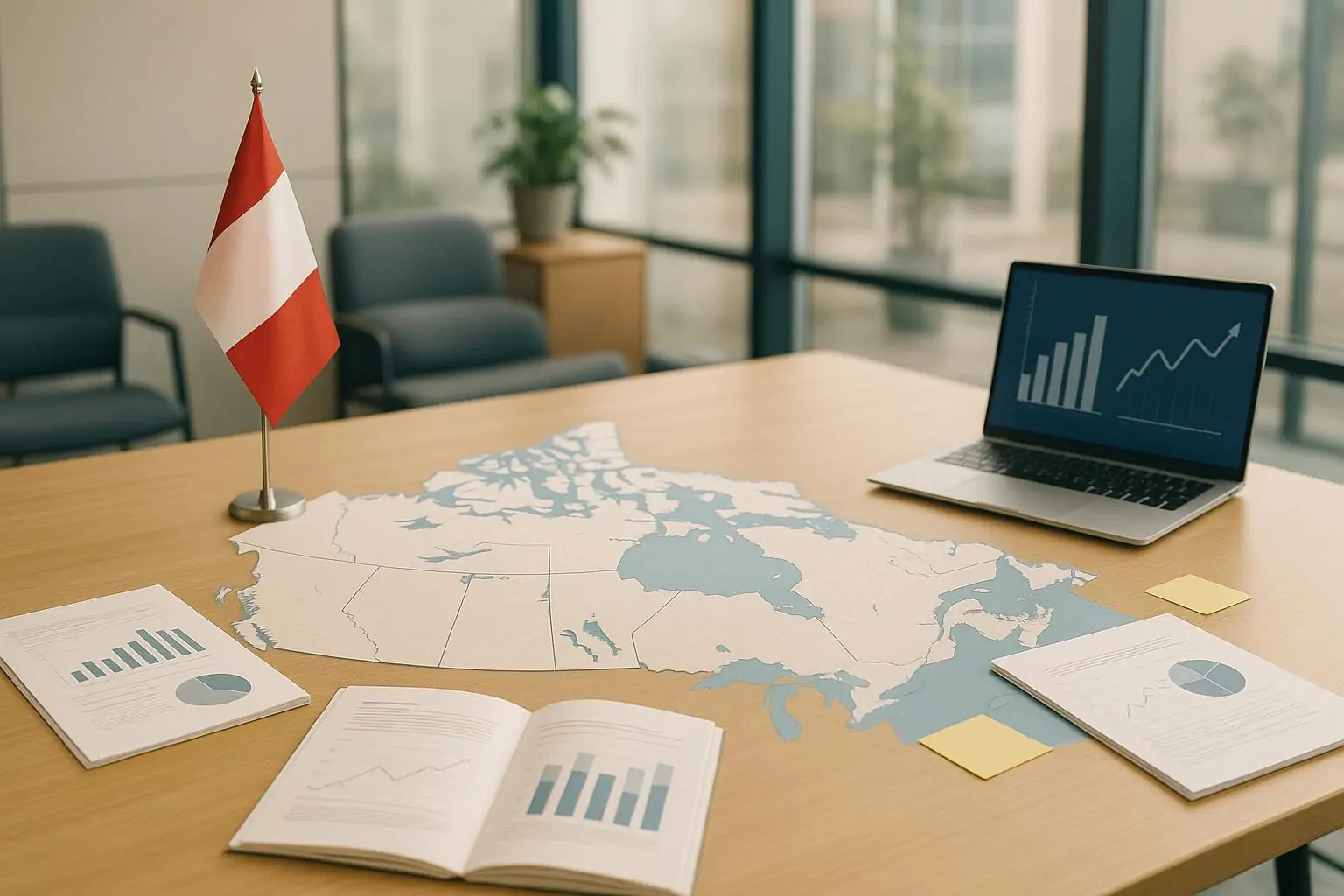 Светлый офис исследовательского центра: карта Канады, отчёты с графиками и ноутбук как символ долгого финансирования