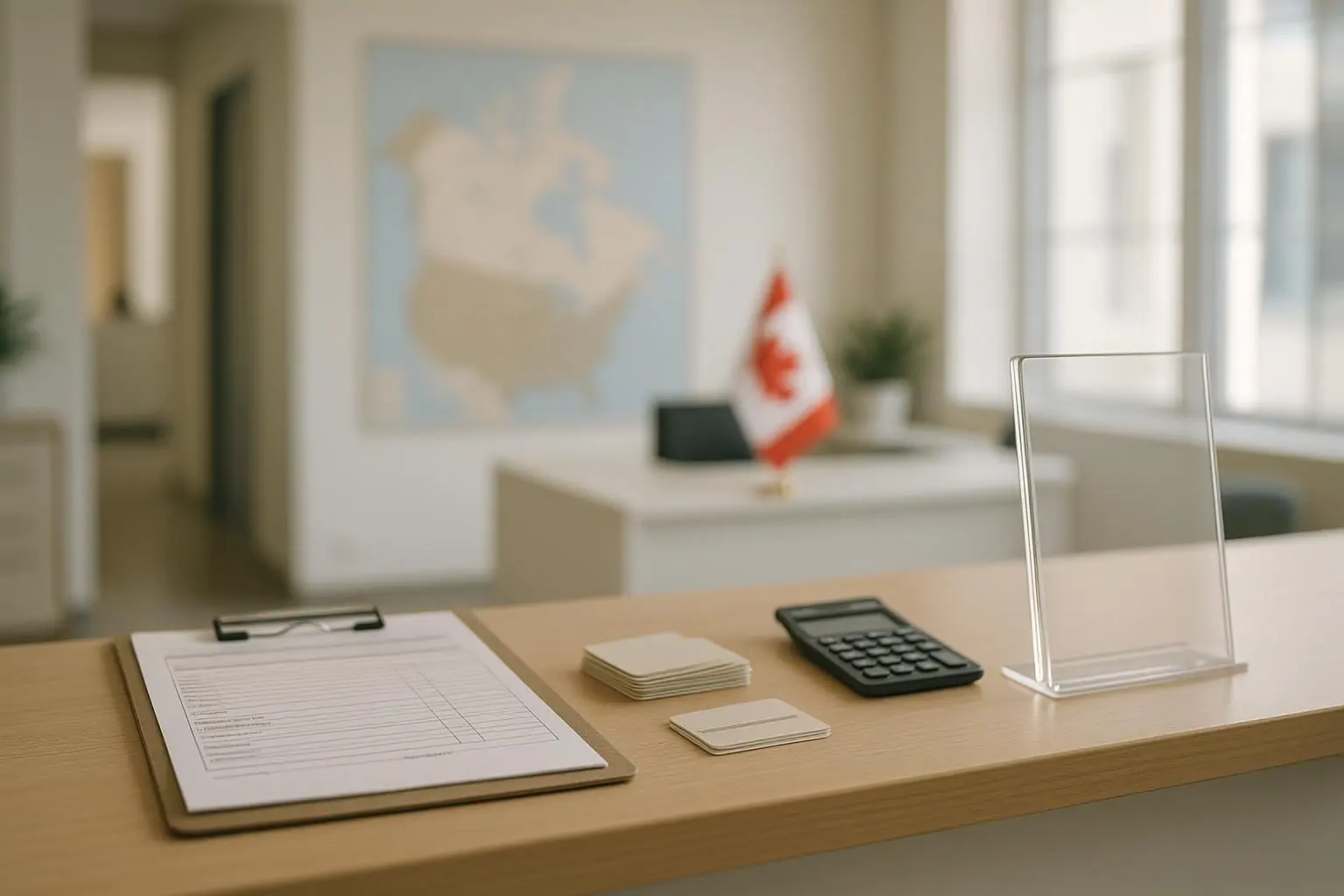 Современная стойка приёма в клинике с бланками и картами, на фоне размытая карта Канады и флаг