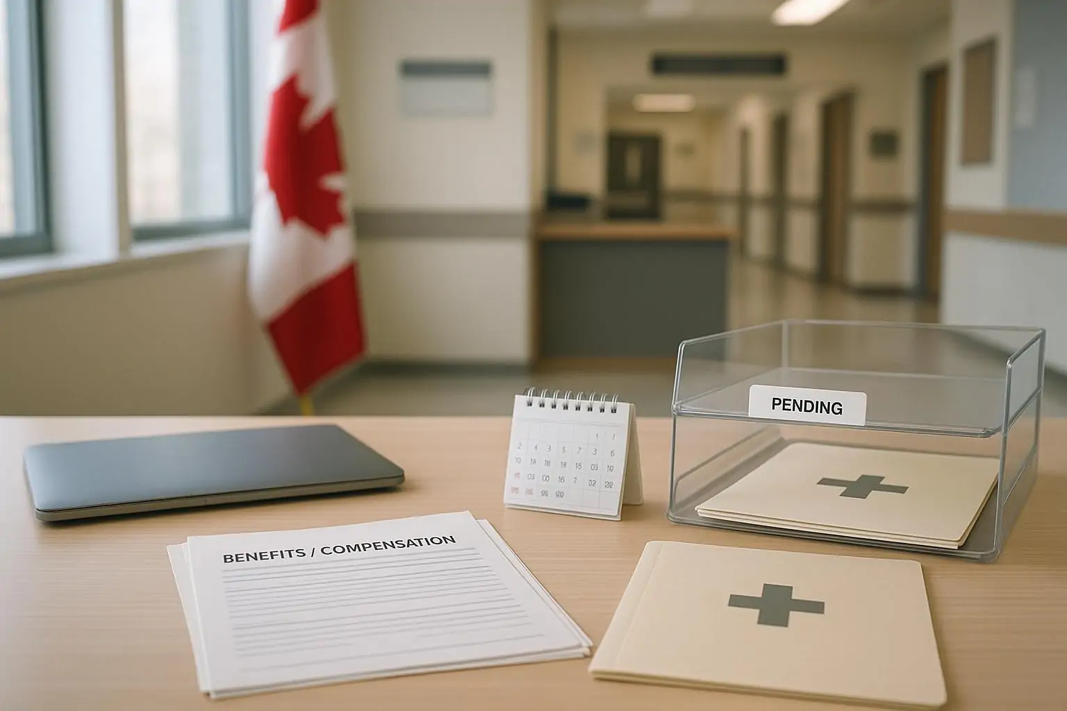 Офисный стол с папкой по медподдержке, лотком «ожидает» и календарём, символ задержек выплат резервистам