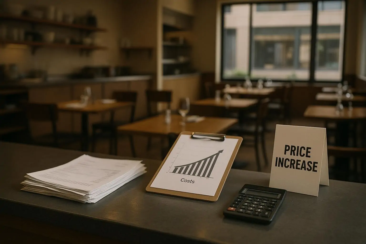 Почти пустой зал канадского ресторана днём: на стойке счета, калькулятор и график роста затрат.