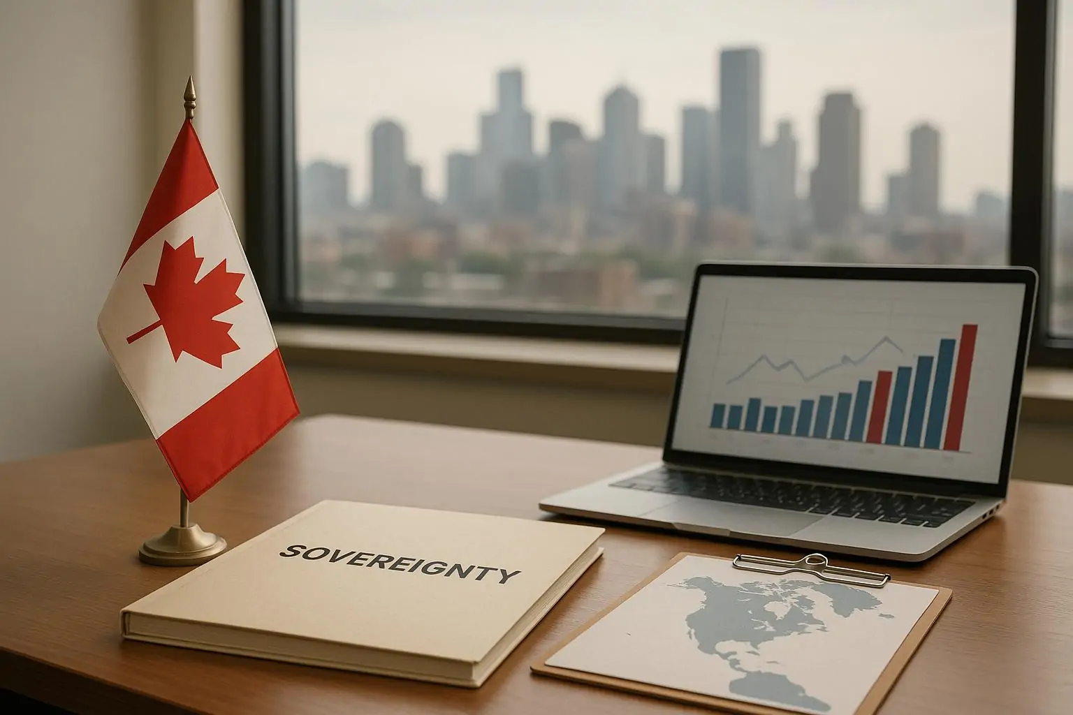 Канадский флажок на столе рядом с папкой «суверенитет» и нейтральной инфографикой опроса в офисе