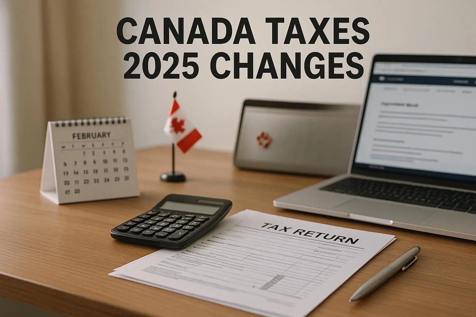 Светлый домашний стол с налоговыми формами, калькулятором и ноутбуком как символ изменений налогов Канады-2025