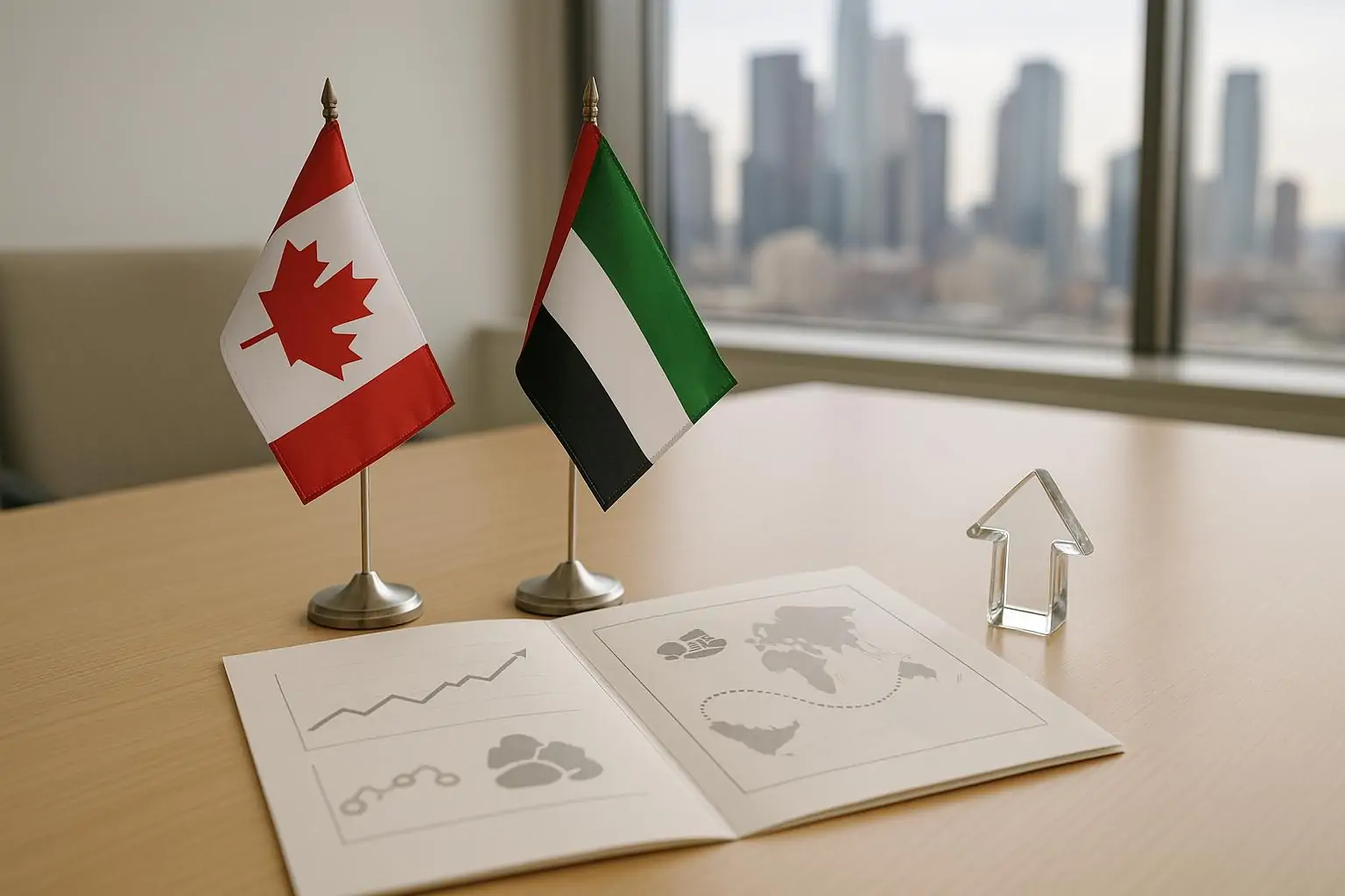Флаги Канады и ОАЭ на столе рядом с папкой с нейтральными графиками инвестиций и торговли, дневной свет.