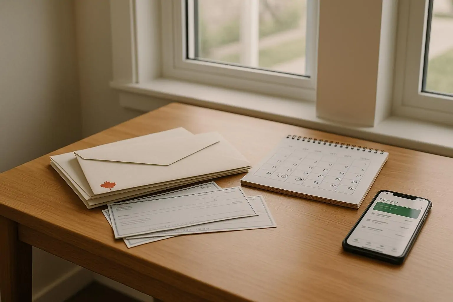 Стопка нераскрытых конвертов и бумажных чеков на столе у окна, символ невостребованных выплат в Канаде