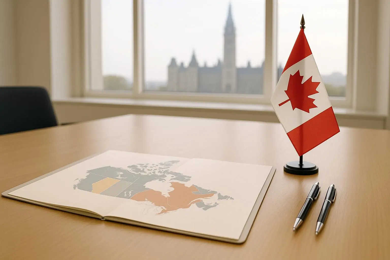Карта Канады и два аккуратно лежащих рядом пера на столе, символ единства и сотрудничества