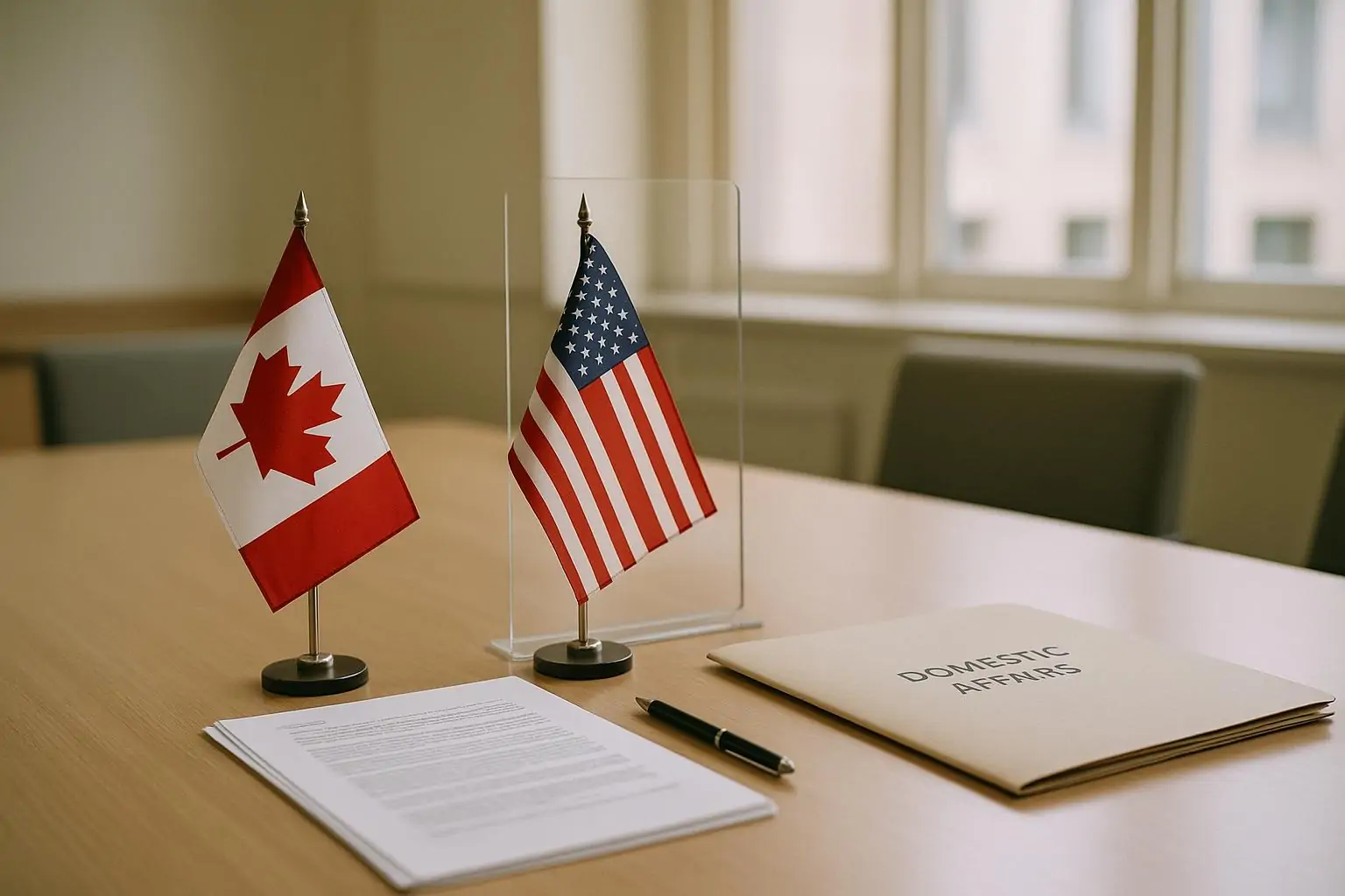Флаги Канады и США на столе у стеклянной перегородки рядом с папкой документов о суверенитете