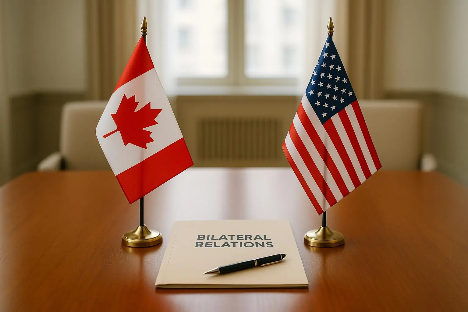 Флаги Канады и США на столе в переговорной, между ними зазор и папка «Bilateral Relations»