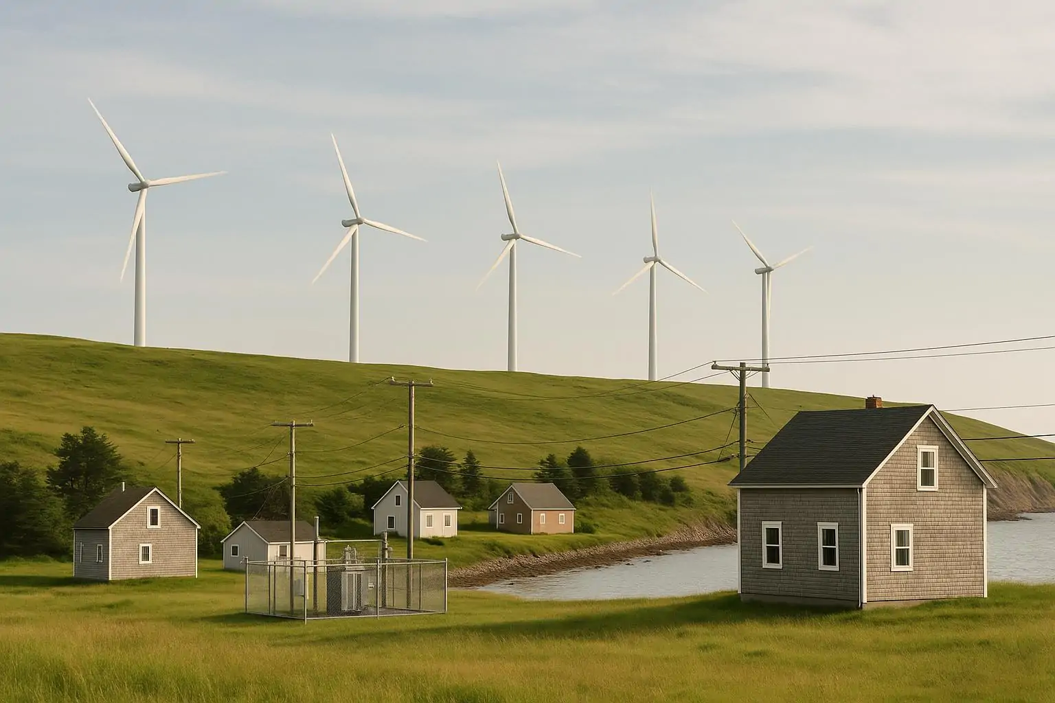 Ветряные турбины на побережье Новой Шотландии и аккуратная электросетевая инфраструктура в ясный день