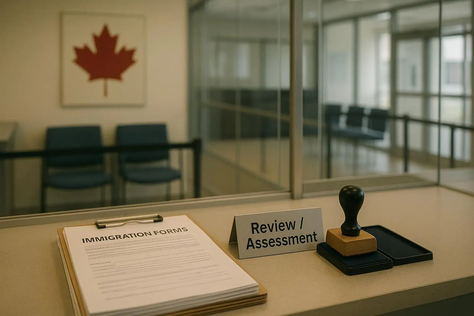 Светлый офисный ресепшен: стопка иммиграционных форм и штамп «проверка», намёк на ужесточение правил Канады