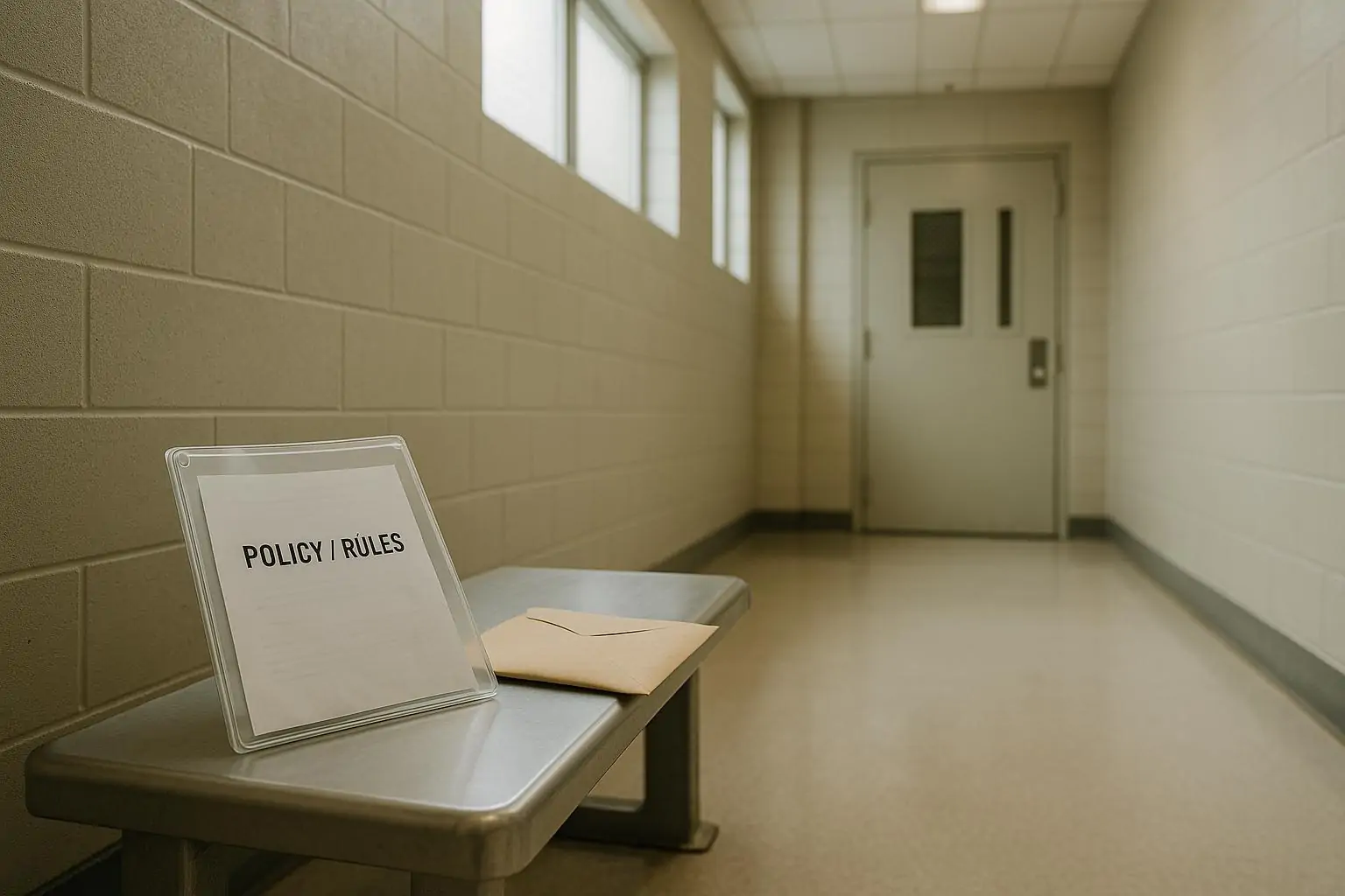 Спокойный коридор канадской тюрьмы с папкой «правила» и запечатанным конвертом как символом негласного кодекса