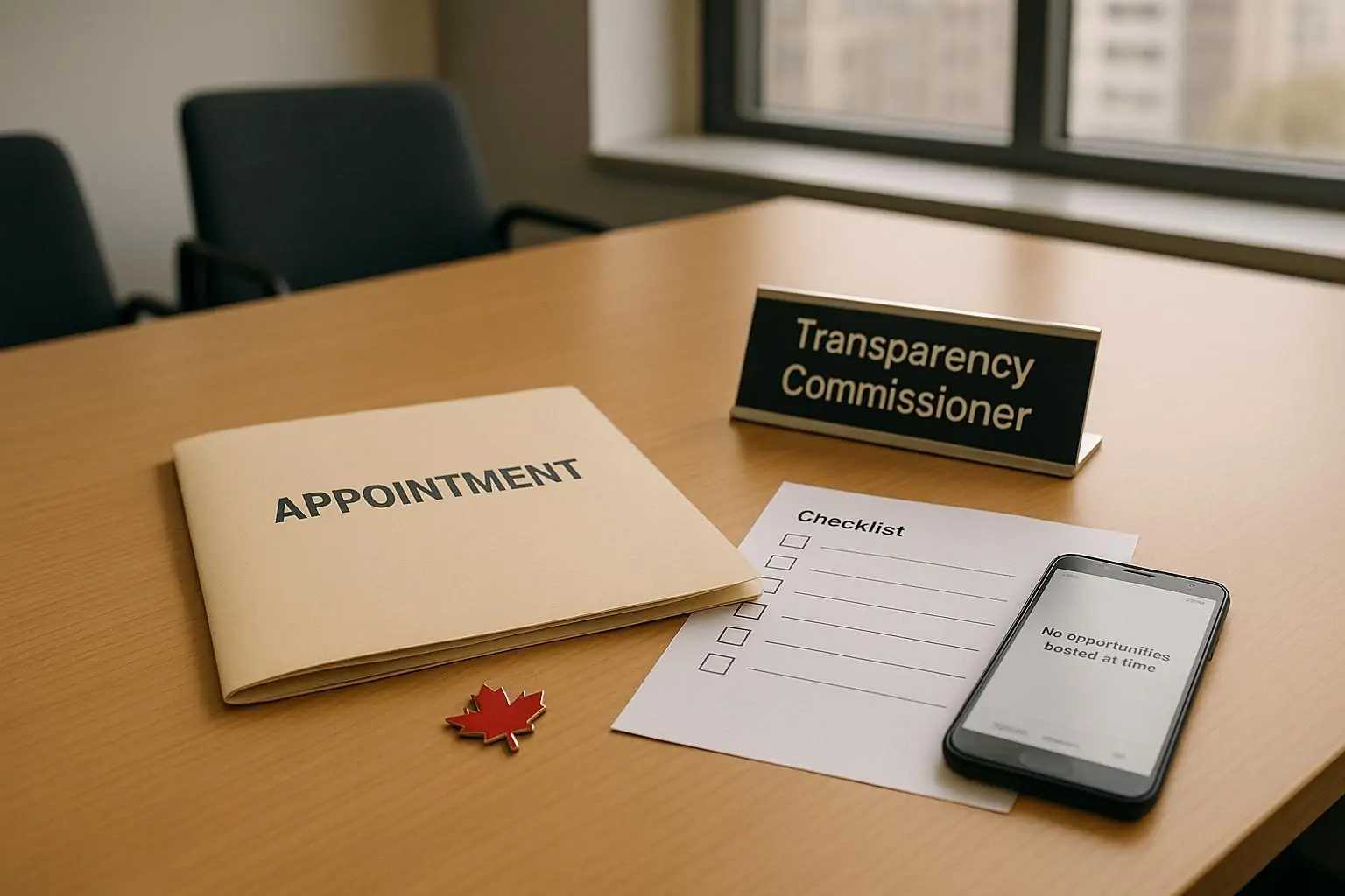 Стол в современном гософисе: папка «назначение», пустой чек‑лист и экран «вакансий нет», символ закрытости