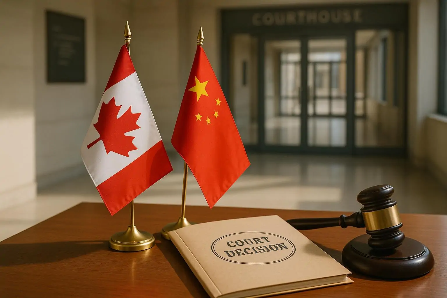 Флаги Китая и Канады рядом с папкой «решение суда» в светлом холле, символ смягчения дела
