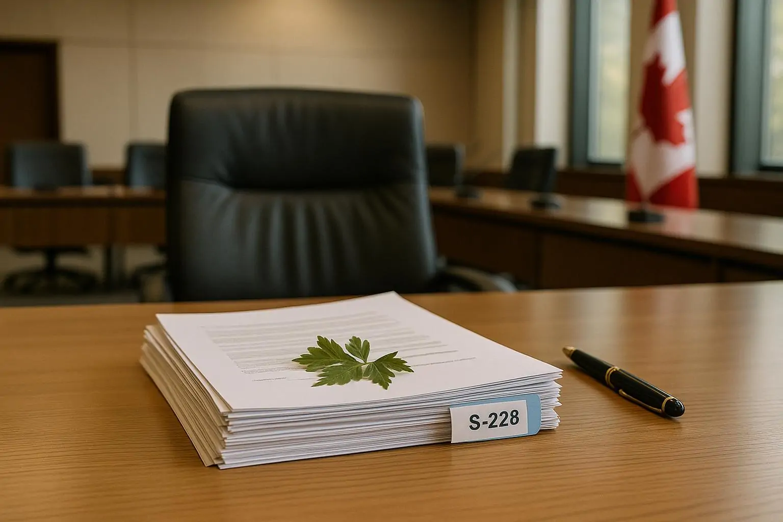 Папка с документами законопроекта S-228 на столе в зале парламента, мягкий дневной свет