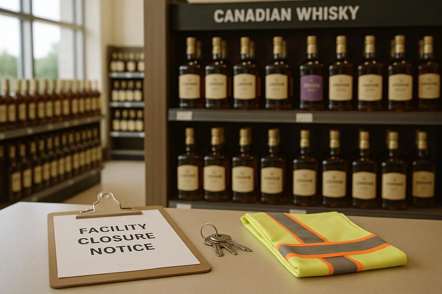 Полка магазина с бутылками виски и рядом нейтральное уведомление о закрытии производства, дневной свет
