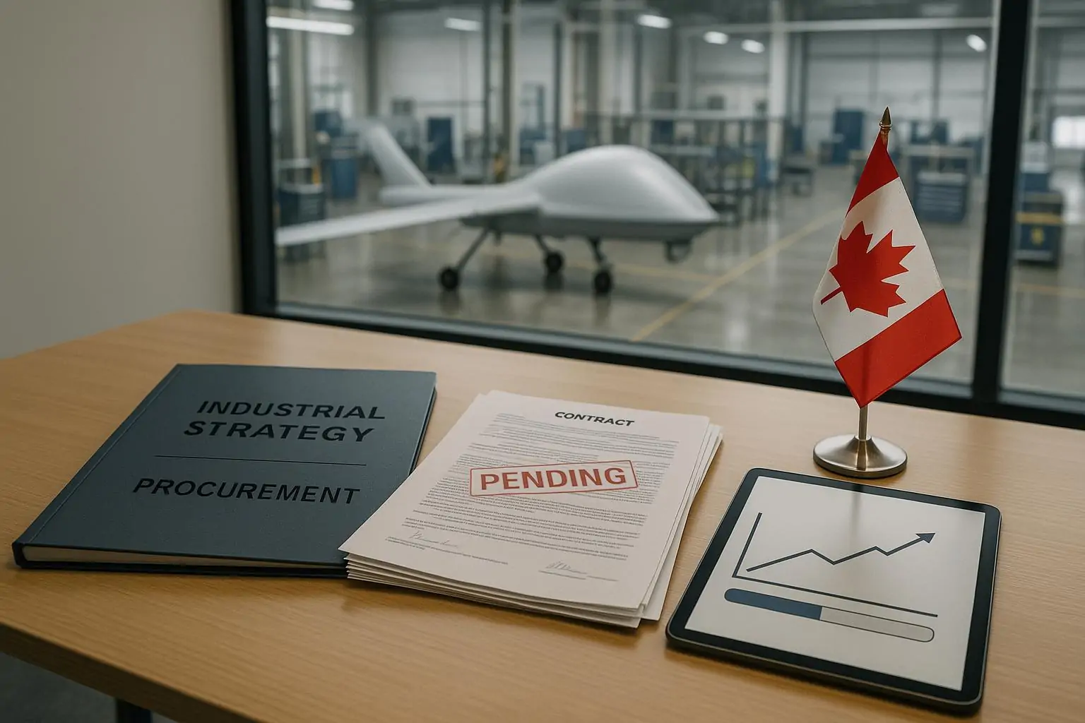Папка со стратегией и стопка контрактов со штампом «в ожидании» на фоне светлого цеха аэрокосмики Канады