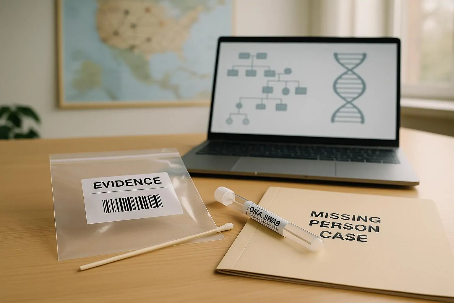 Рабочий стол с ДНК-набором, папкой дела о пропаже и картой, символизирующими идентификацию спустя 40 лет