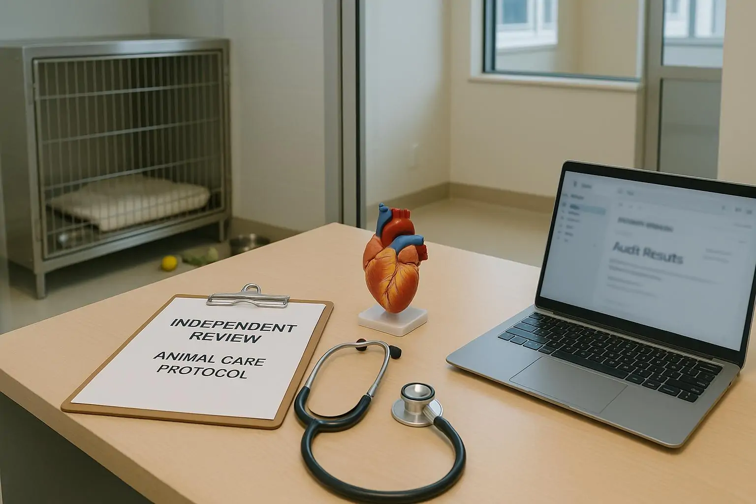 Стол в медучреждении с папками «аудит» и «протокол ухода», стетоскопом и моделью сердца; мягкий дневной свет.