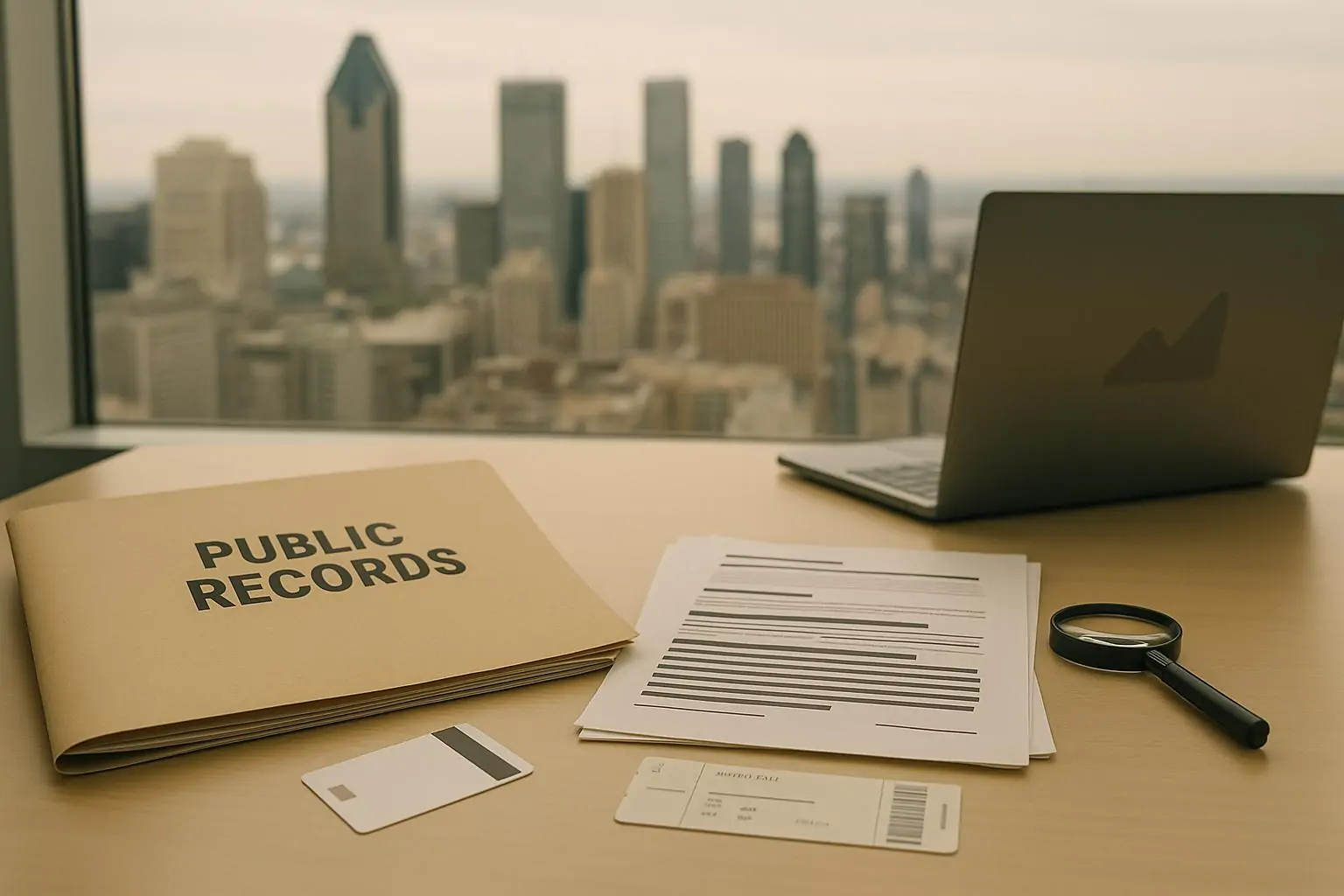 Папка с публичными документами и бронированиями на столе на фоне мягкого вида Монреаля, дневной свет