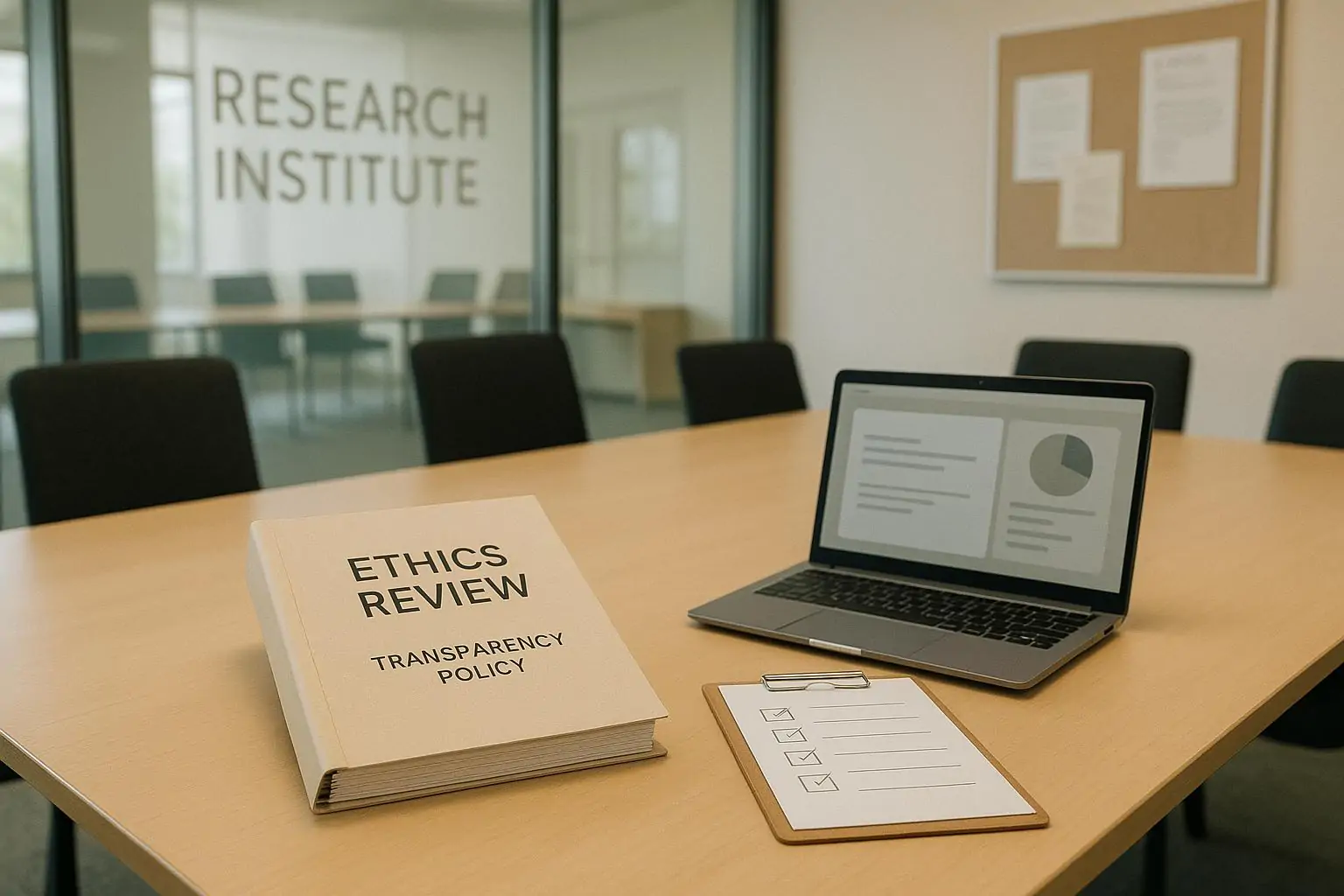 Папка «Ethics Review» и документы о прозрачности на столе в исследовательском институте, без людей